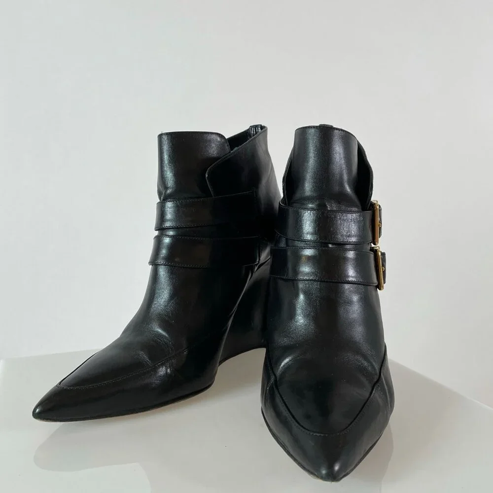 Minimalist | Derek Lam Black Leather Ankle Boot Wedge | Pointy Toe | Gold Buckle